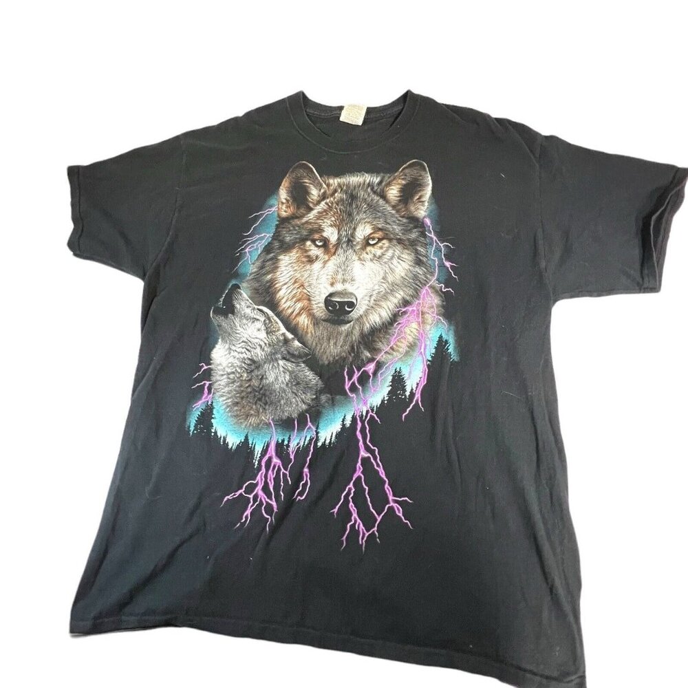 2000s Vintage Howling Wolf T-Shirt Retro Neon Lighting Fruit Of Loom Tag Retro X